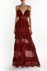 True Decadence Burgundy Sophia Plunge Front Tiered Ruffle Maxi-Dress