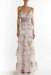 True Decadence Green-Lilac Watercolour Sophia Plunge Front Tiered Ruffle Maxi Dress