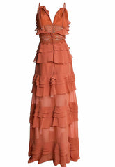 True Decadence Soft Rust Sophia Plunge Front Tiered Ruffle Maxi Dress