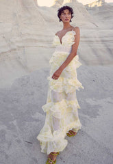True Decadence Cream Sophia Plunge Front Tiered Ruffle Maxi Dress