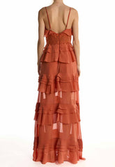 True Decadence Soft Rust Sophia Plunge Front Tiered Ruffle Maxi Dress