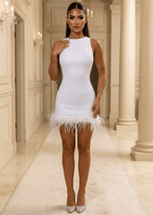 Untamed Aura Sequin Feather Mini Dress - White