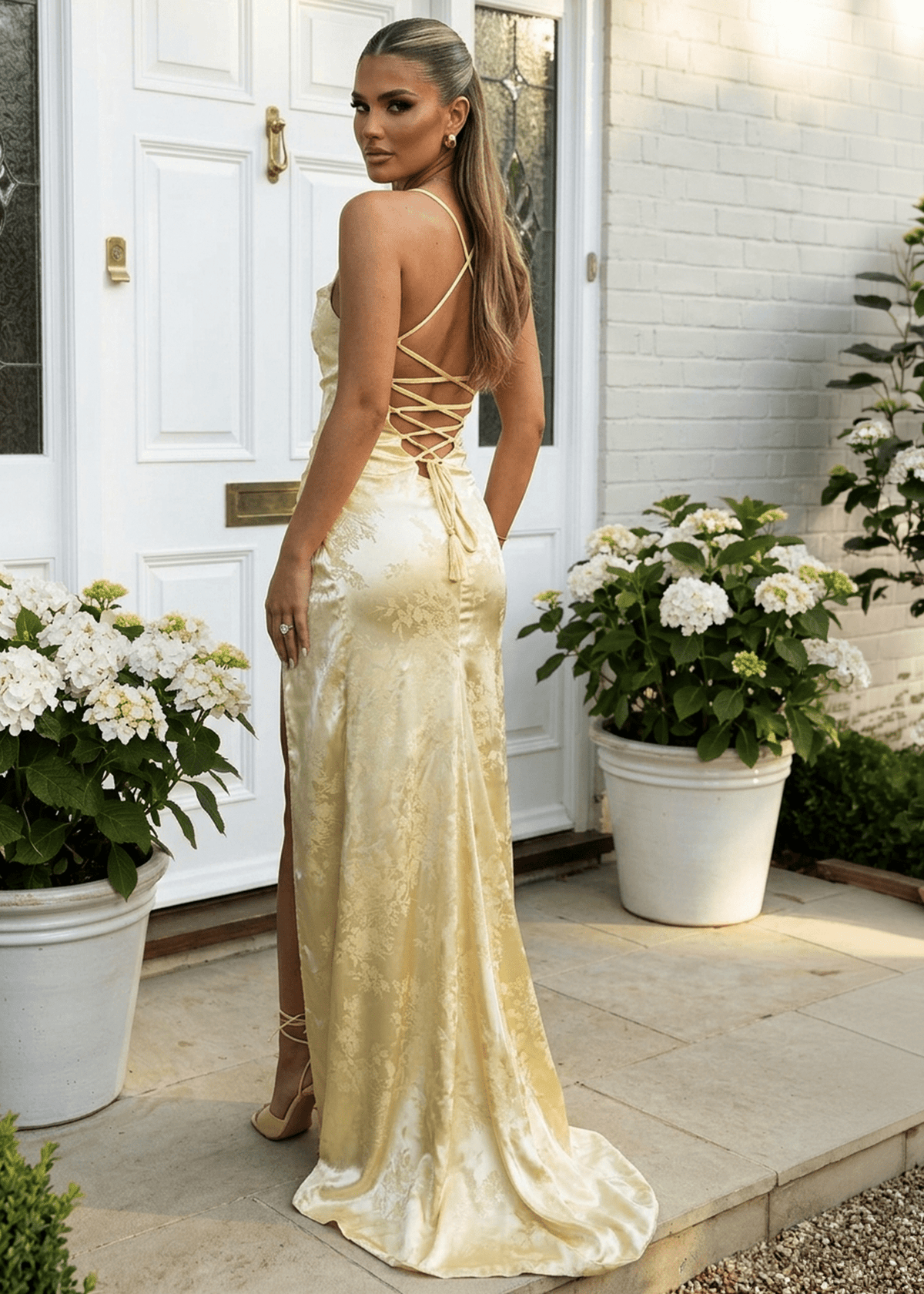 Worth Waiting For Cross Back Gown - Jacquard Yellow